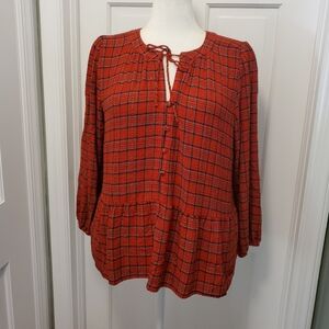 Loft Tarten Plaid With Gold Shimmer Peplum Blouse Size Large